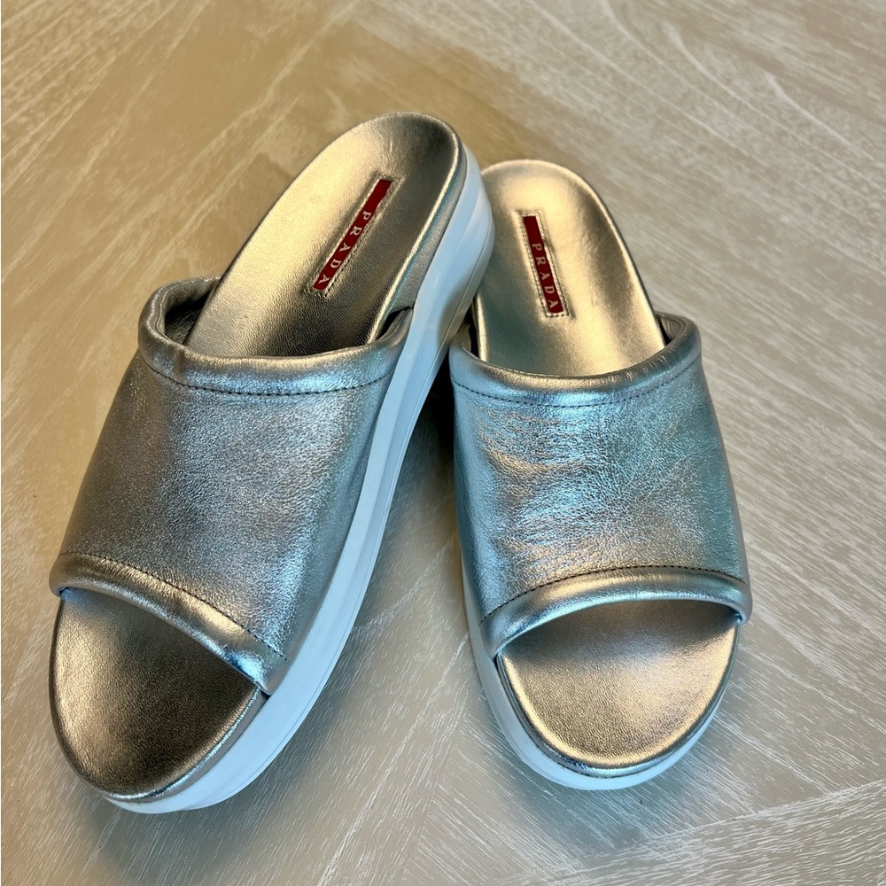 Prada Sport Leather Silver Slides Sz 38